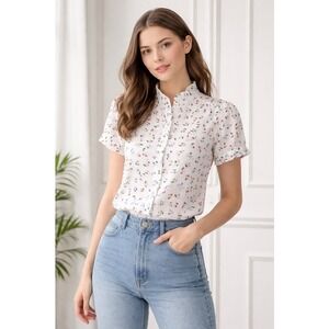 Bonpoint Shirt Women XS White Cindy Cherry Ruffle Collar Puff Sleeve Button Down